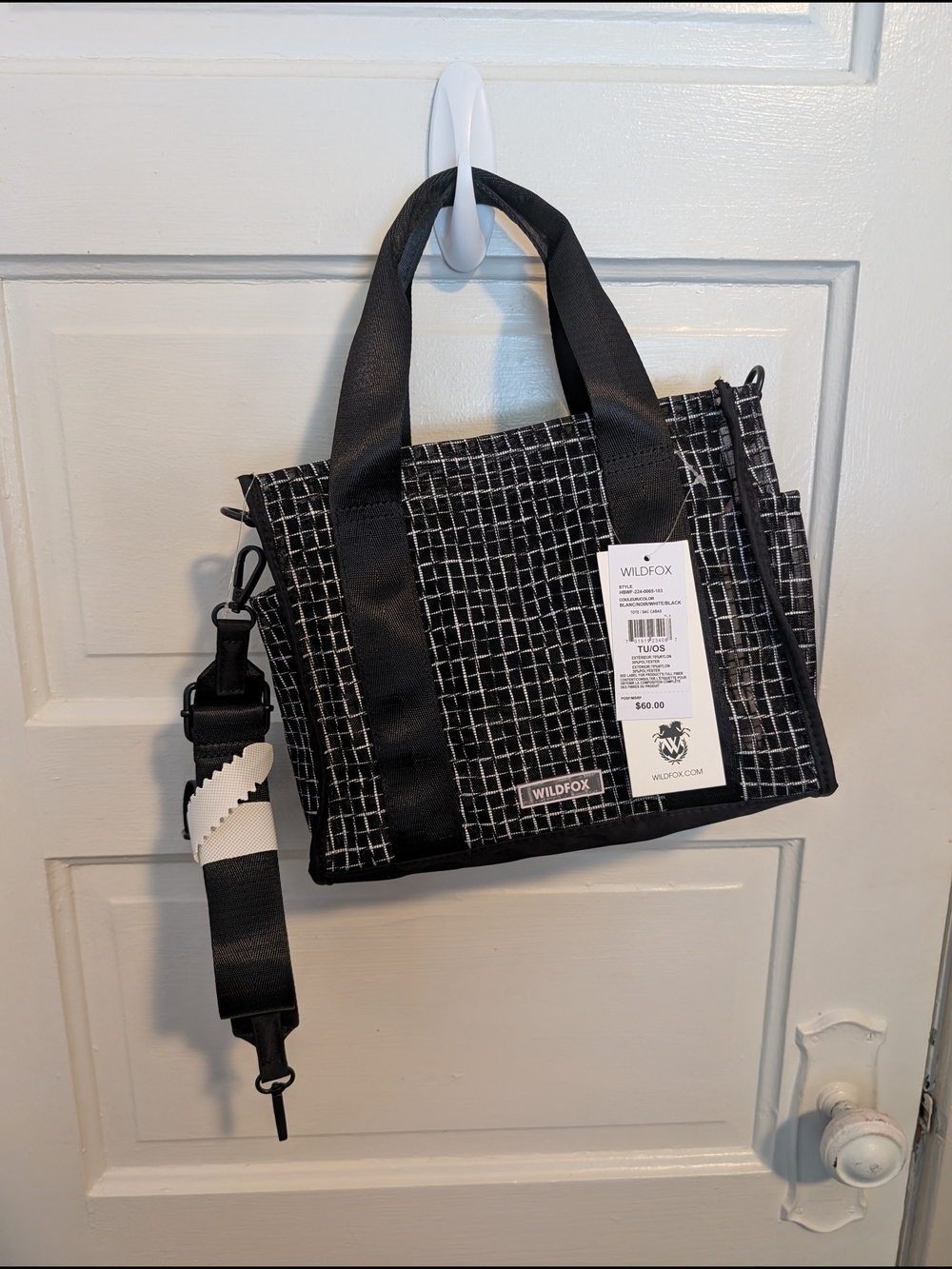 NWT Black & White Grid Everyday Tote Bag with Detachable Crossbody Strap